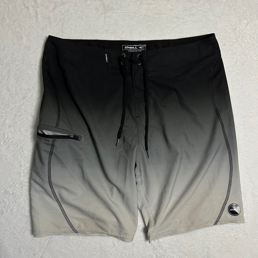 ONeill Hyperfreak Mens Board Shorts Black Grey Ombre Fade Size 34 Swim Trunks
